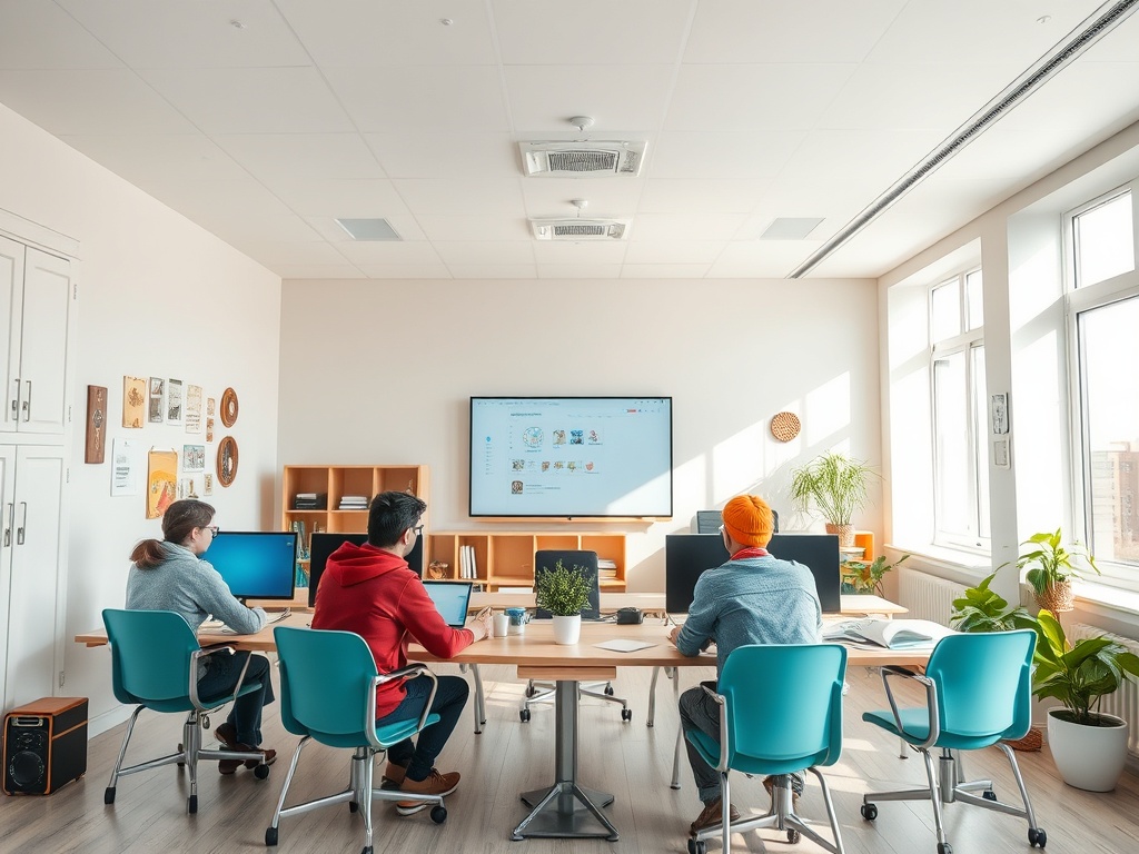 Трое людей за рабочим столом в светлом офисе, обсуждают проект с экраном и компьтером. Зелёные растения вокруг.