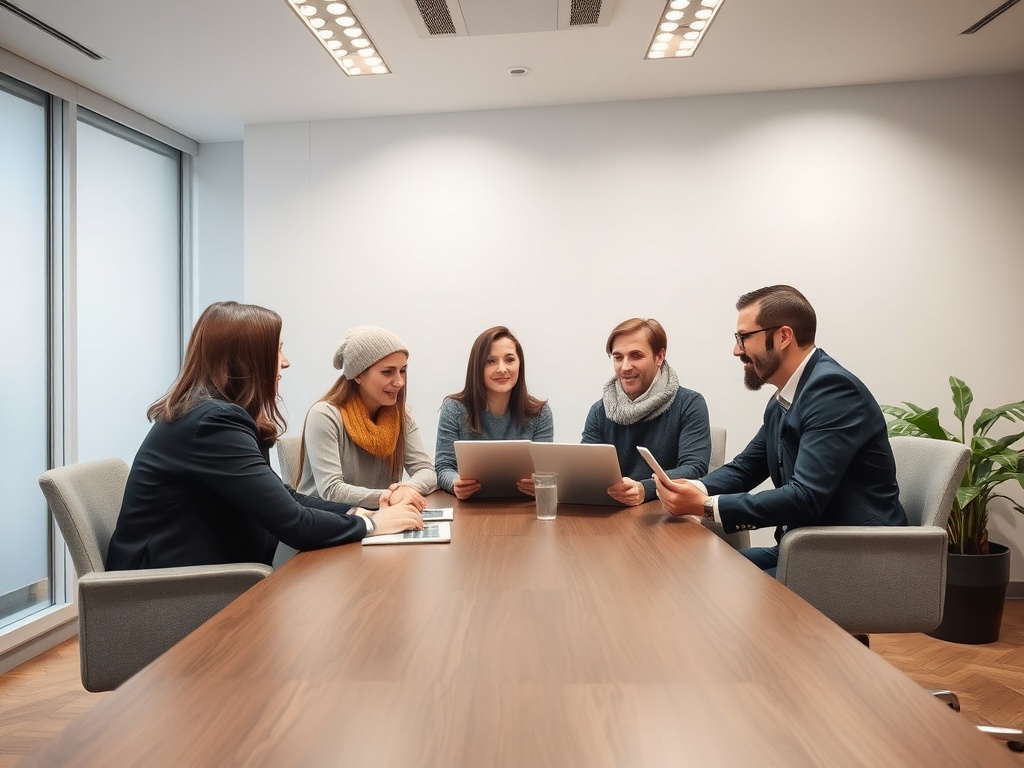 Группа людей на деловой встрече, обсуждающих идеи с ноутбуками и таблетками в современном офисе.
