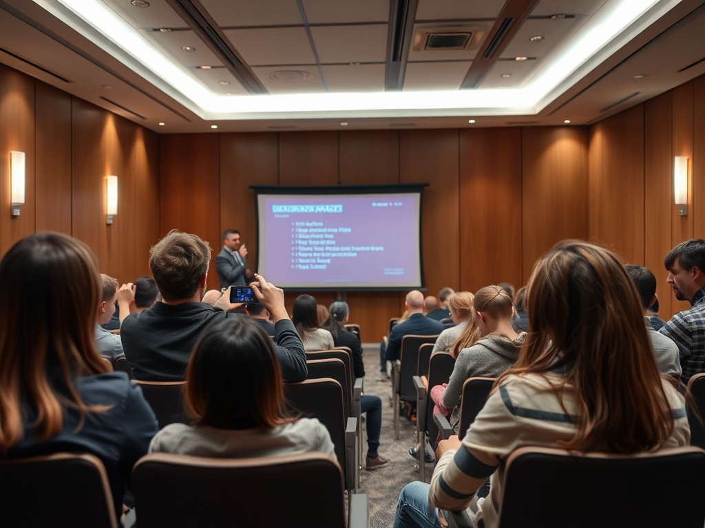 Аудитория на презентации. Спикер говорит, слушатели снимают на телефоны и записывают его речь.