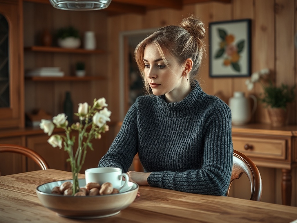 Молодая женщина в сером свитере сидит за деревянным столом с чашкой и тарелкой печенья.