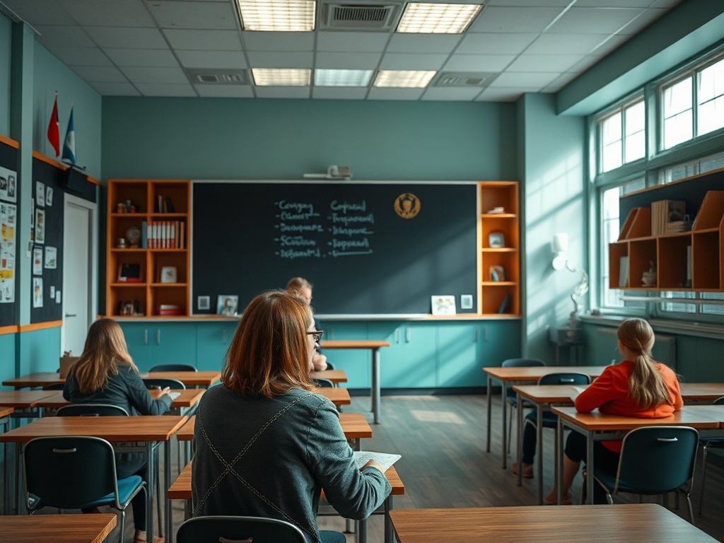 Классная комната с учениками, сидящими за партами, и доской в центре изображения. Светлый и уютный интерьер.