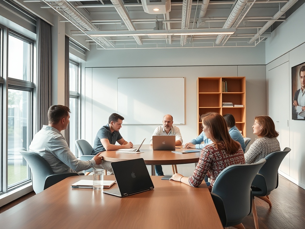 В конференц-зале группа людей обсуждает проекты и идеи за круглым столом. Светлый и современный интерьер.