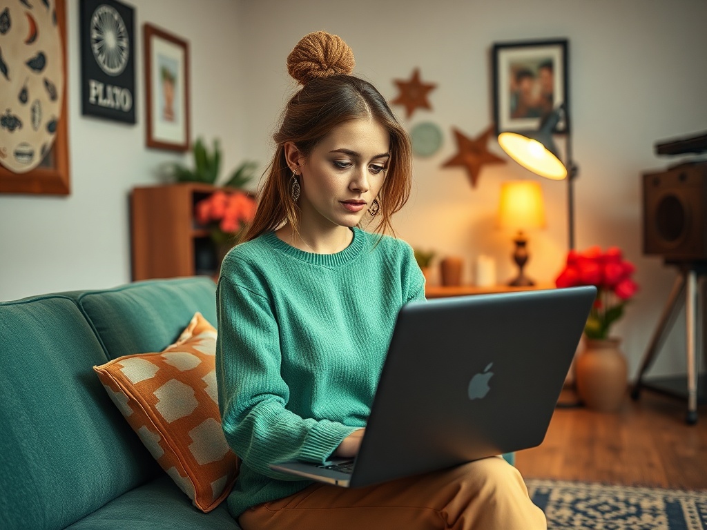 Молодая женщина с длинными волосами работает на ноутбуке в уютной комнате с зелёным диваном.