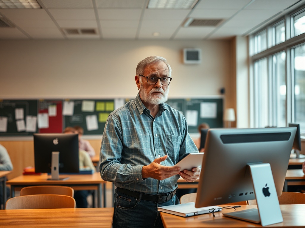 Преподаватель с планшетом стоит у компьютера в классе, ученики работают за столами.