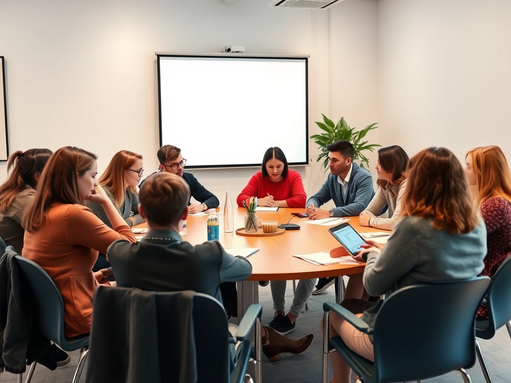 Группа людей обсуждает идеи за круглым столом в современном офисе. На столе документы и напитки.