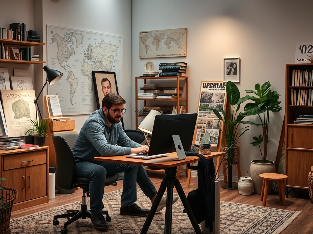 Мужчина работает за компьютером в уютном офисе с растениями и книгами на полках. Стены с картами и постерами.