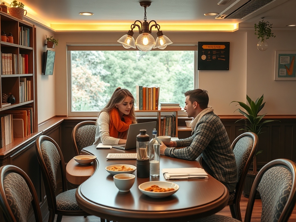 Два человека обсуждают что-то за столом в уютном кафе с окнами и книжными полками.
