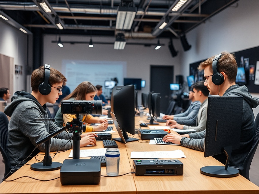 Студенты за компьютерами в классной комнате, занимаются работой с наушниками и микрофонами.