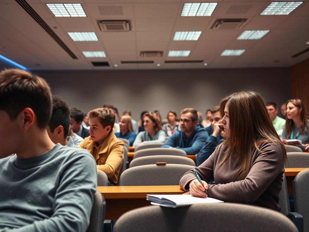 Аудитория с молодыми людьми на лекции, некоторые делают записи, а другие слушают преподавателя.