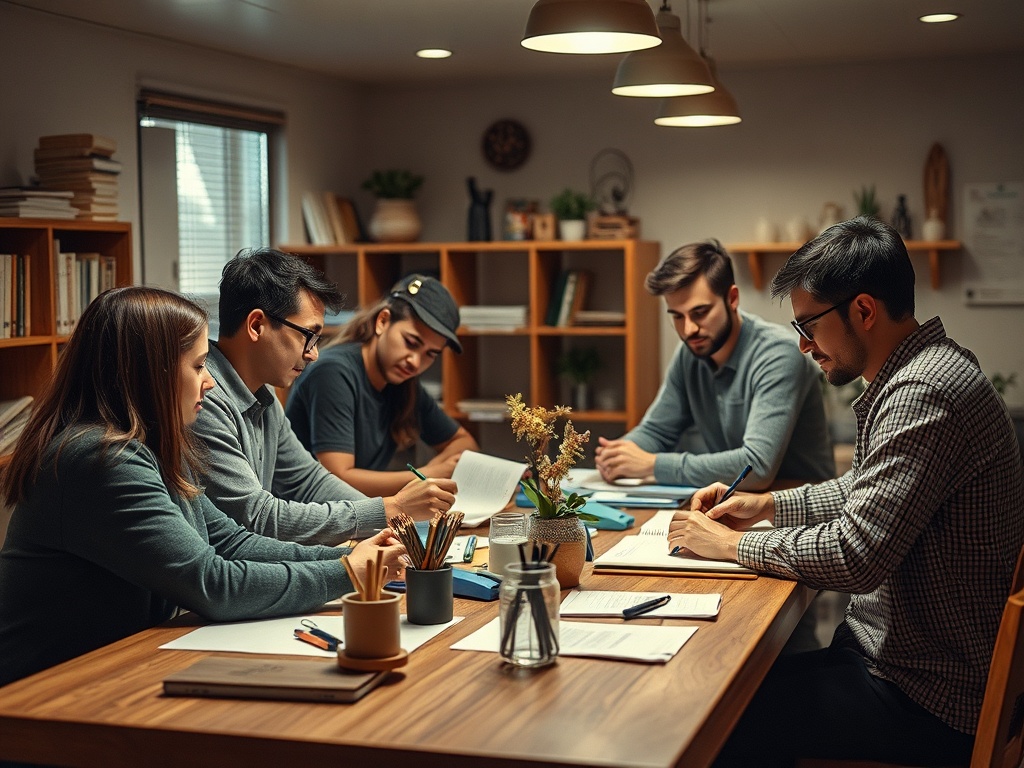 Группа из пяти человек, обсуждающих идеи за деревянным столом в уютном офисе. На столе блокноты и канцелярские принадлежности.