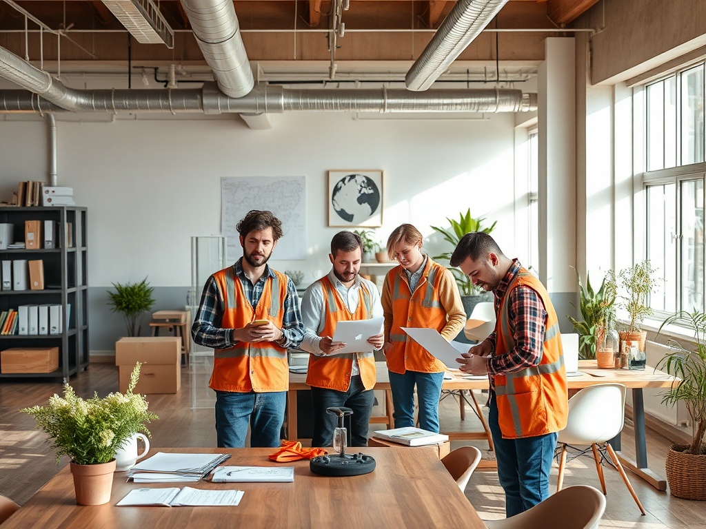 Четыре человека в оранжевых жилетах обсуждают документы в светлом офисе с зелеными растениями.