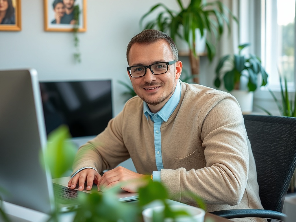 Молодой человек в свитере сидит за ноутбуком в уютном офисе с растениями на фоне.
