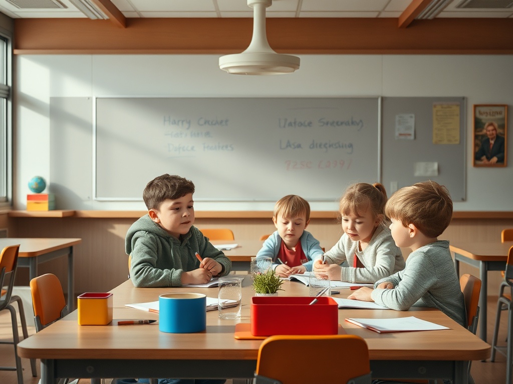 Четыре ребенка сидят за столом в классе, работают над учебными заданиями и обсуждают идеи.