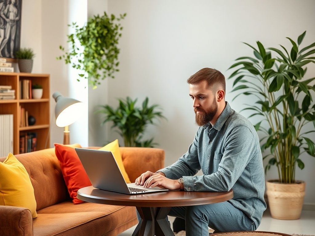 Мужчина с бородой работает за ноутбуком на столе в уютной домашней обстановке с растениями вокруг.