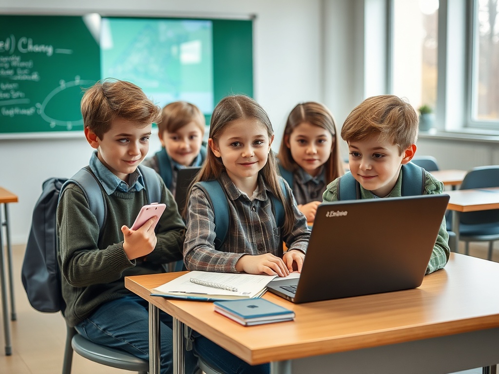На уроке группка детей работает за компьютером, один из них смотрит на телефон, остальные внимательно смотрят.