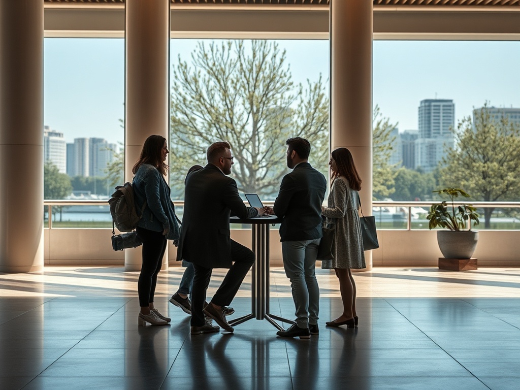 Группа людей обсуждает что-то за высоким столом с ноутбуком на фоне города и зелени.