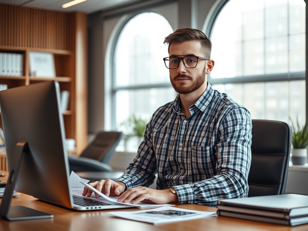 Молодой человек в очках работает за компьютером в современном офисе с большими окнами.