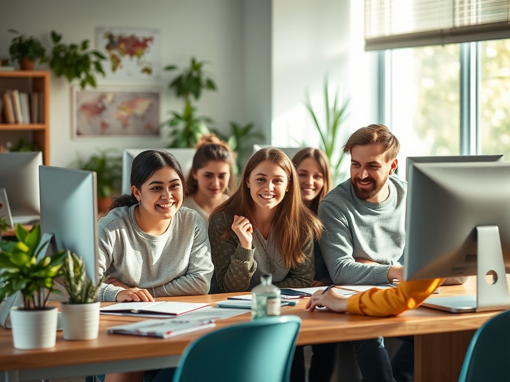 Группа молодых людей сидит за столом в офисе, улыбаются, наблюдая за экраном компьютера.