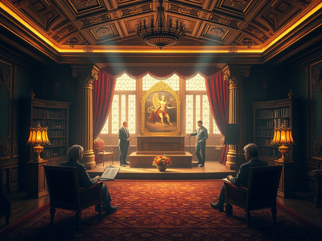 Элегантный кабинет с книгами и картинами, два человека обсуждают, зрители внимательно слушают.