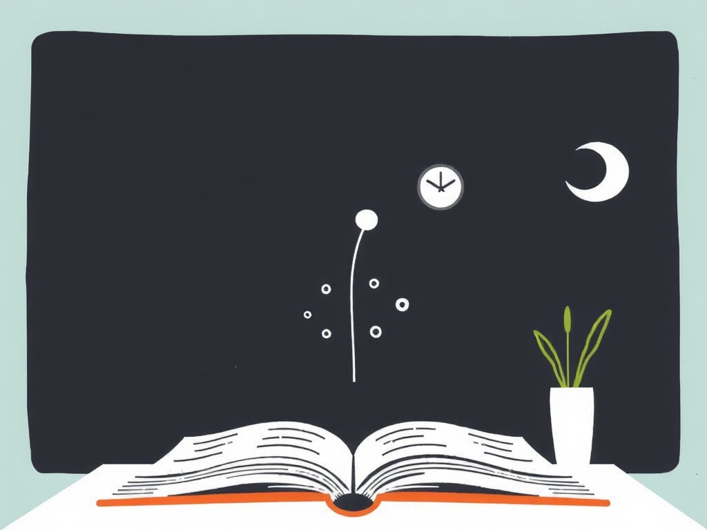 На столе лежит открытая книга, рядом с ней горшок с растением и элементы ночного пейзажа.