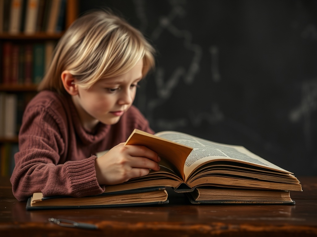 Мальчик читает книгу за деревянным столом, окружённый полками с книгами и тёмной стеной.