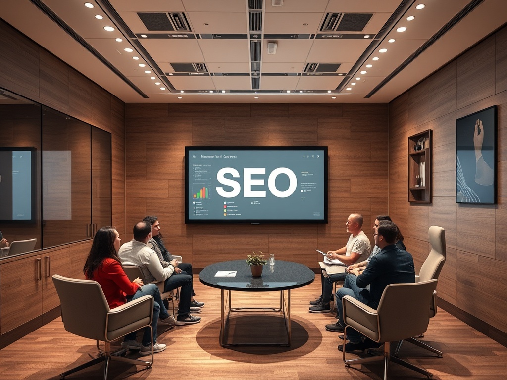 На встрече обсуждают SEO, видно большое экранное изображение с графиками и данными.