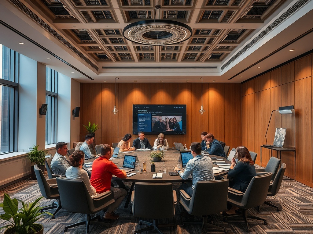 В конференц-зале группа людей обсуждает проект, используя компьютеры и экран для презентаций.