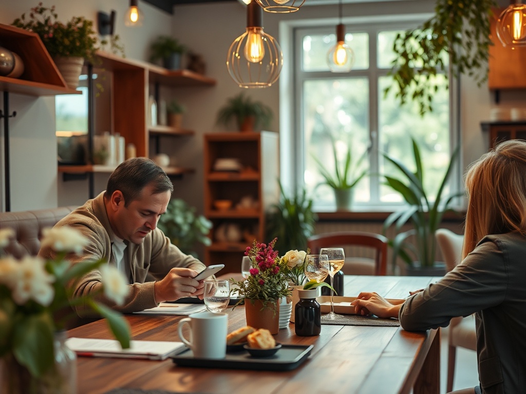 В кафе двое людей, мужчина с телефоном, женщина пишет, на столе цветы и напитки, уютная обстановка.