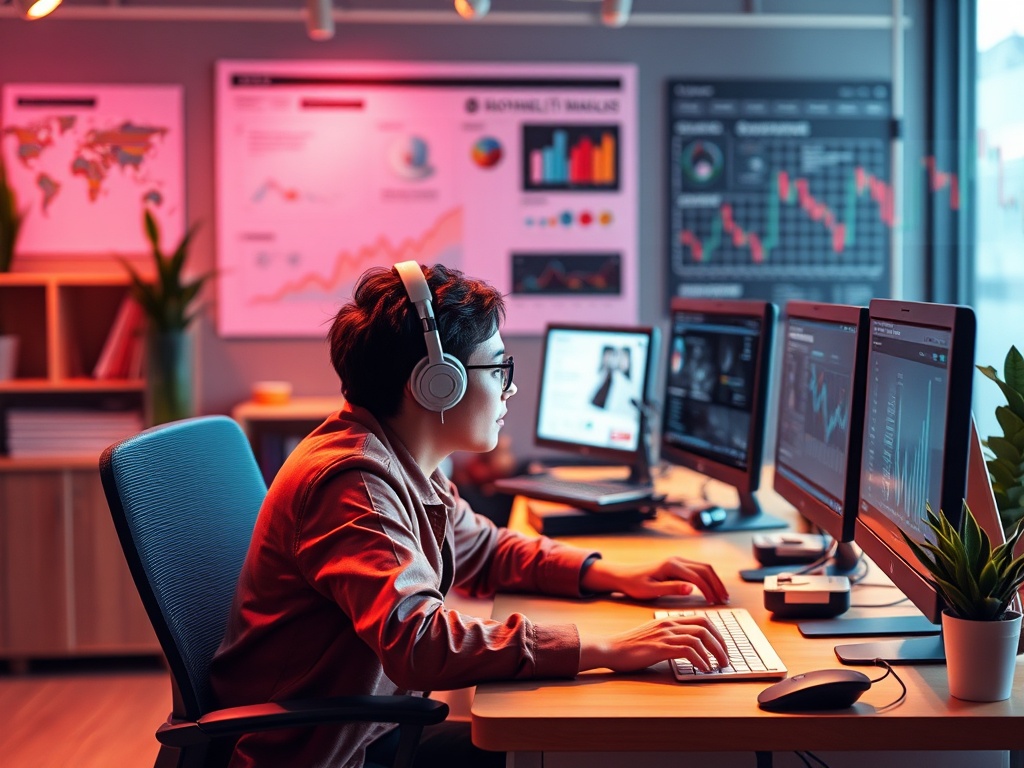 Молодой человек в наушниках работает за компьютерным столом с несколькими дисплеями и графиками.
